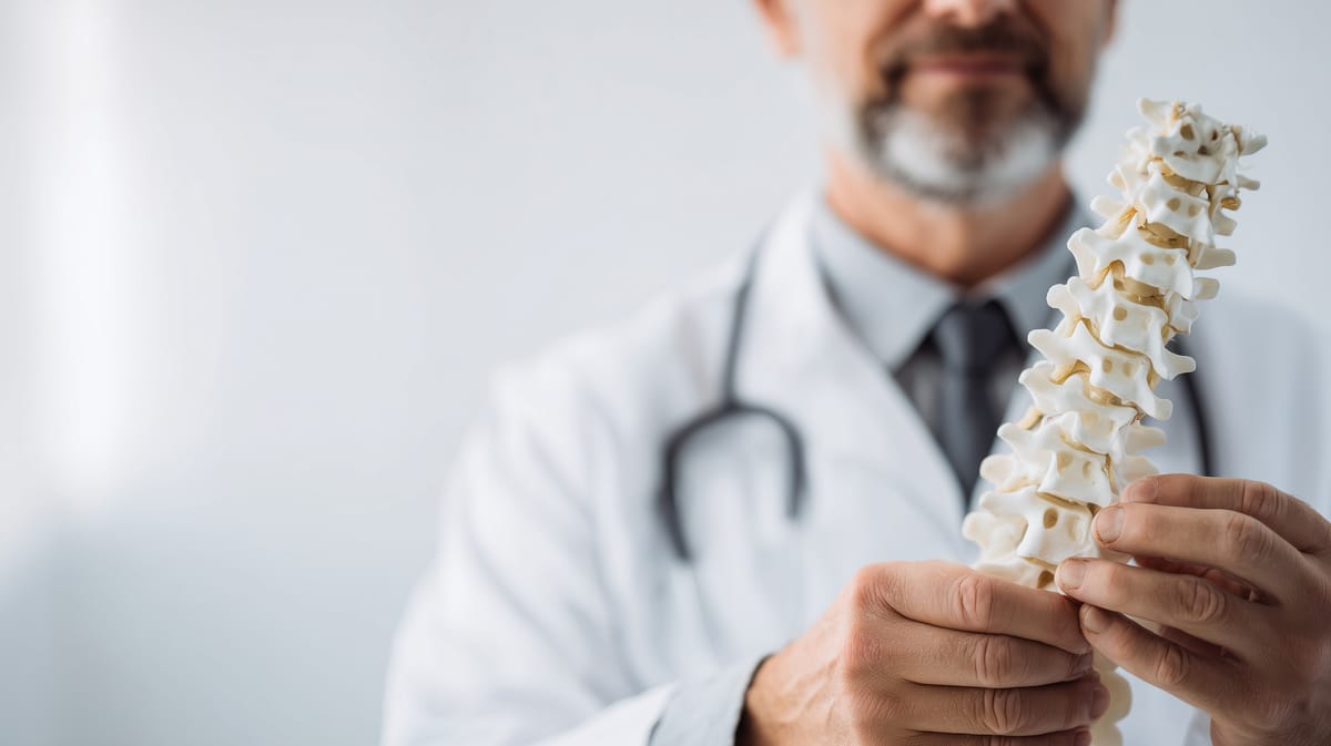 Dr. Carrion holding a spine model to explain treatment options to a patient